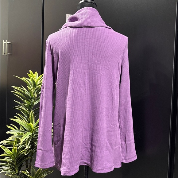 Karen Scott Waffle Knit,loose turtle neck,long sleeve,slit side,top,plum rosette - Picture 5 of 8